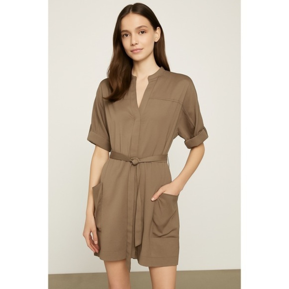 BCBGMAXAZRIA Zenja‎ Dress XXS Tan Beige Pocket Tie Waist Shirt Mini XXS